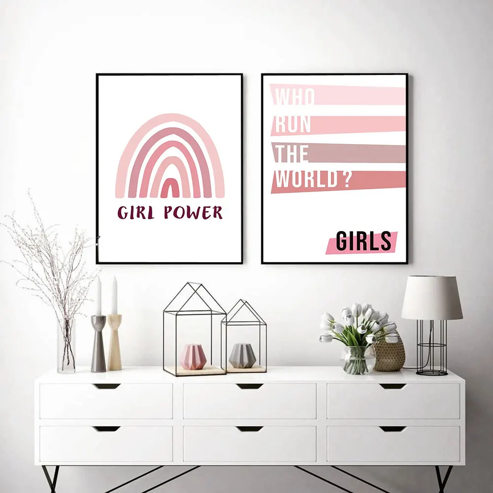 

Girls Power Poster Who Run The World Art Print Minimalist Rainbow Canvas Painting Modern Quote Wall Picture Living Room Decor