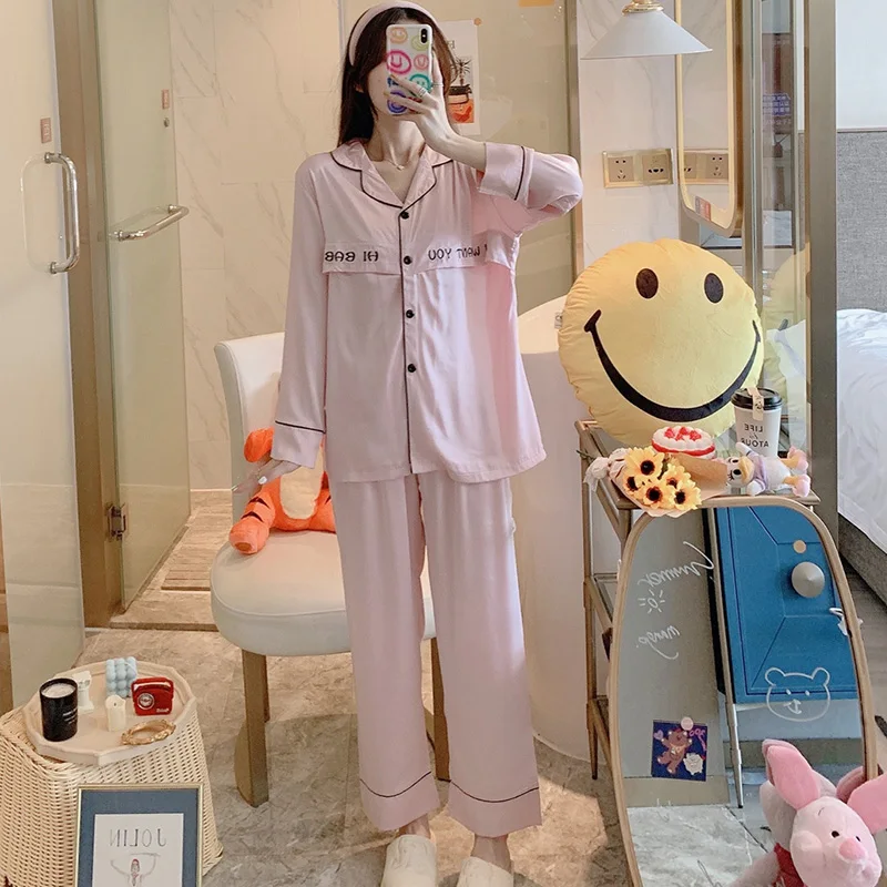 

Pregnant Pajamas Women's Spring and Autumn Pink Long Sleeve Ice Silk Confinement Clothing Postpartum Nursing Homewear
