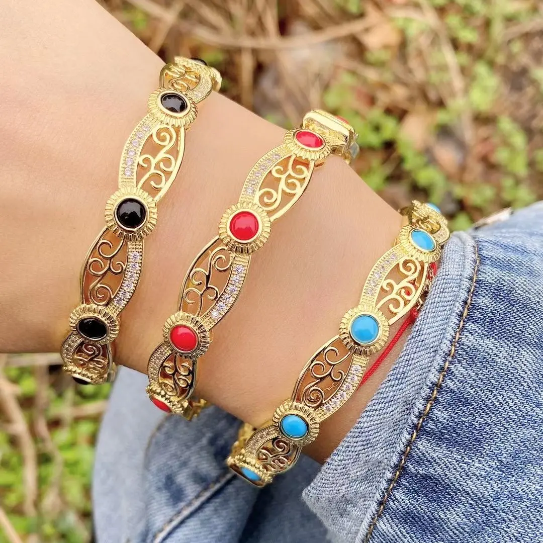 

3PCS, Ethnic Geometric Metal Bangles For Women Girls Bohemia Multicolor Stone Copper Bracelets 2021 NEW Jewelry Gift