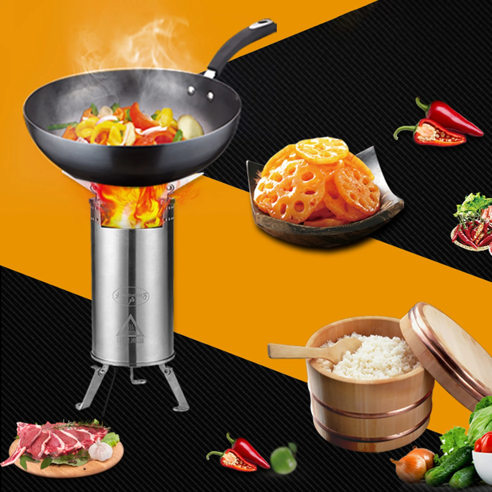 

Stainless Steel Outdoor Wood Stove Camping RocketStove USB Charging 3 Adjusable Levels Stove Firewood Wood Stove Barbecue Stove