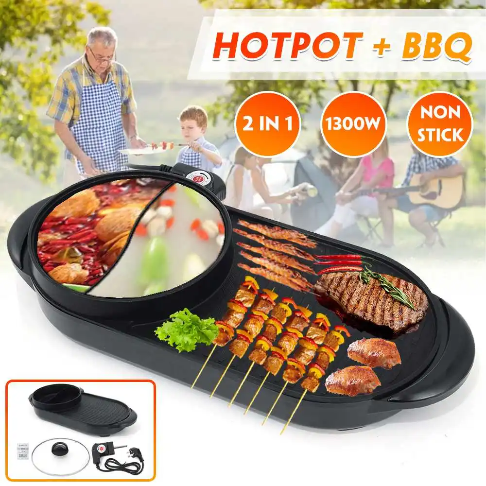 

1300W Multi Cooker Dual Temperature Control Electric 2 In 1 Hot Pot & Barbecue Non-Stick Electric Grill Machine For Home Party