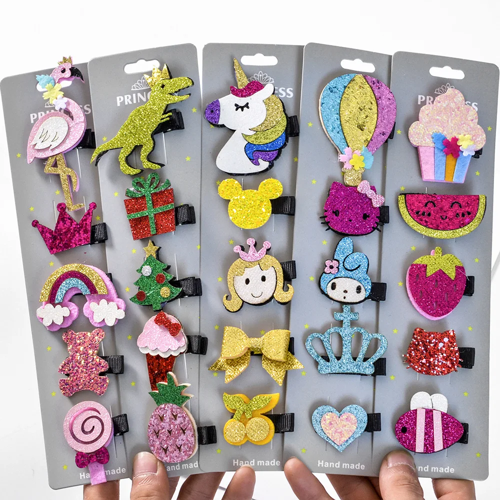 

5Pcs/Set Sequin Baby Hair Clips Girls Cartoon Barrettes Children Non-Woven Felt Cloth Hair Pins Princess Crown Bow BB Clip