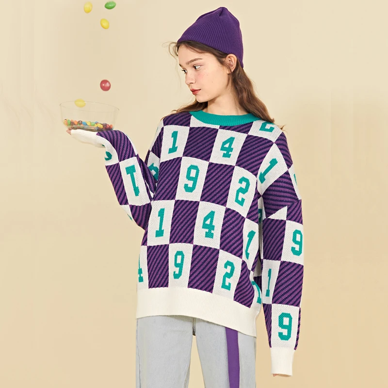 Loose New Vintage Fashion Women Winter Sweater Digital Jacquard Square Lattice Stripe Long Sleeve Ladies Thick Warm Knitted Tops |