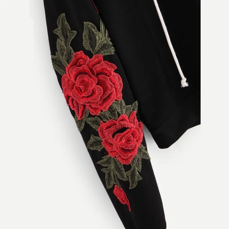 Женские модные цветочные толстовки с аппликацией пуловер капюшоном и длинным