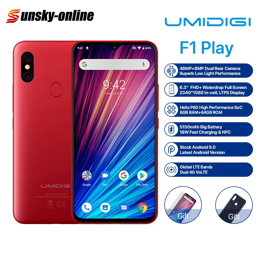 Смартфон UMIDIGI F1 Play Android 9,0, 6,3 дюймов, полный экран, 48MP+ 8MP+ 16MP, 6 ГБ+ 64 ГБ, две sim-карты, 4G, 5150 мАч, мобильный телефон