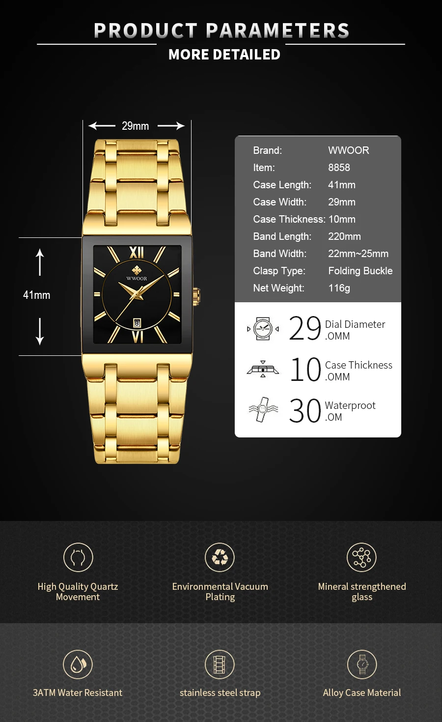 Relogio Masculino WWOOR Gold Black Watch Men Quartz Waterproof Wrist Watch For Men Fashion Square Casual Clock Male Dropshipping