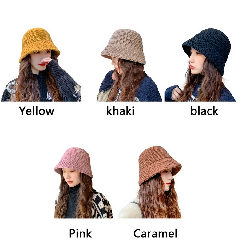 

2021 Winter Knitted Panama Hat Women Fashion Colour Warm Breathable Bucket Hats Female Outdoor Basin Hat Sunscreen Sun Caps