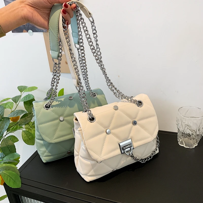 

2021 Brand Lingge Women's Shoulder Bag Designer Lock Clamshell Handbag Luxury Rivet Square Bag Chain Crossbody Bag Female Purses