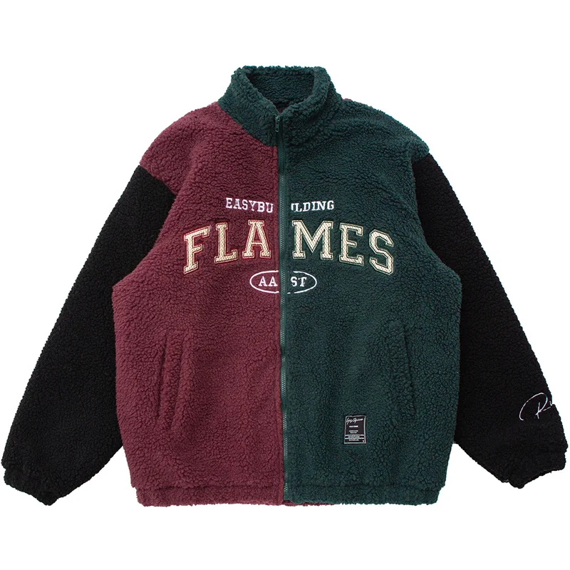 

Unisex Harajuku Vintage Letter Embroidery Lamb Wool Jacket Outwear Streetwear Men Oversize Retro Thicken Warm Patchwork Parkas
