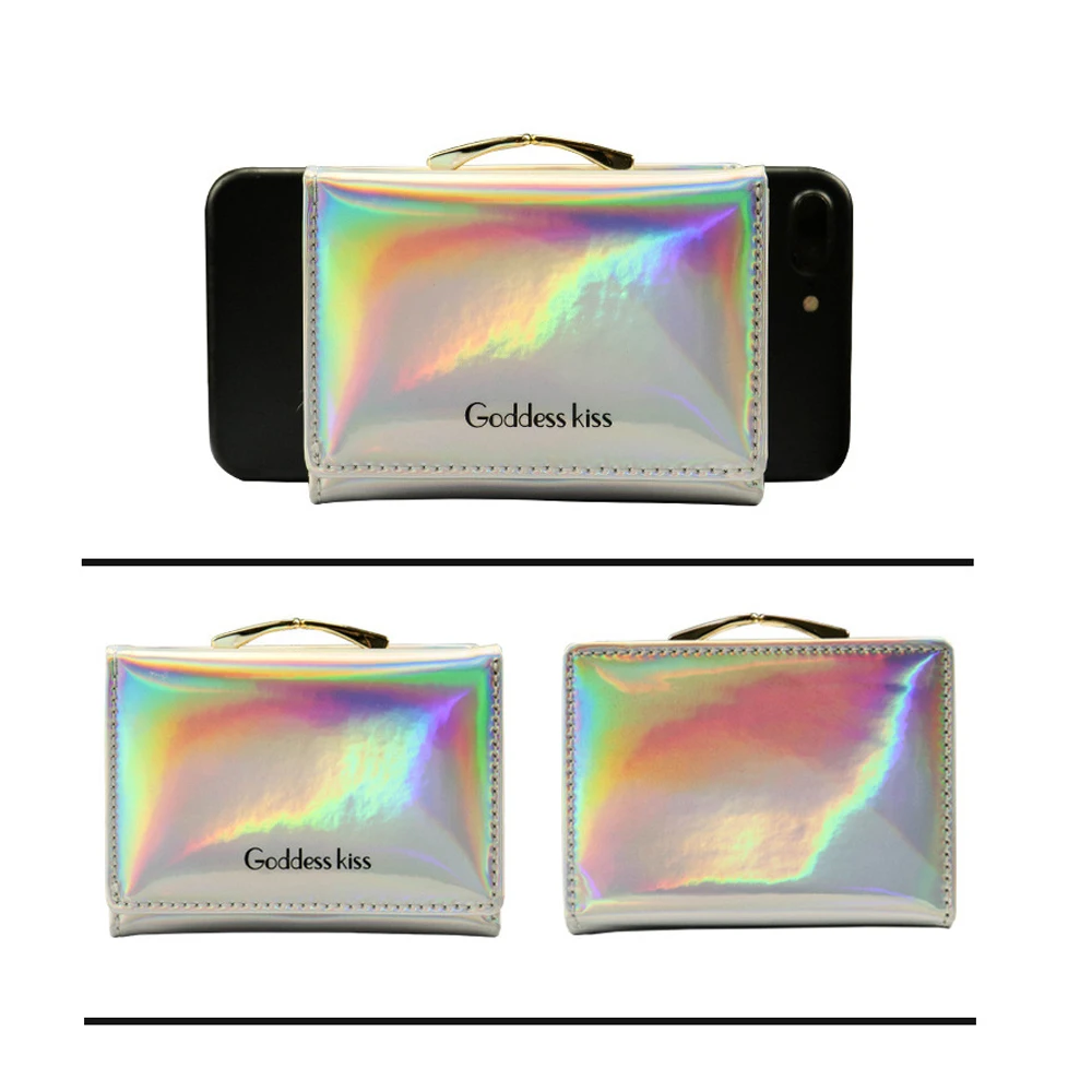 

2021 Newest Women Short Small Coin Purse Wallet Ladies Leather Folding Card Card Holder Laser Colorful Coin Purses
