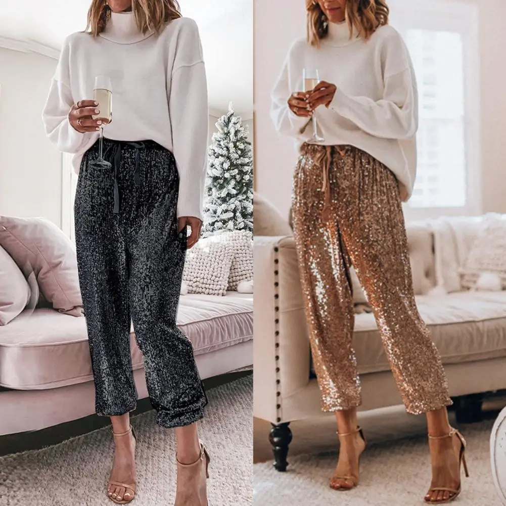 

Women Pants 2021 Solid Color Trousers Sequined Spring Autumn Loose Wide Leg Trousers for Daily Wear
