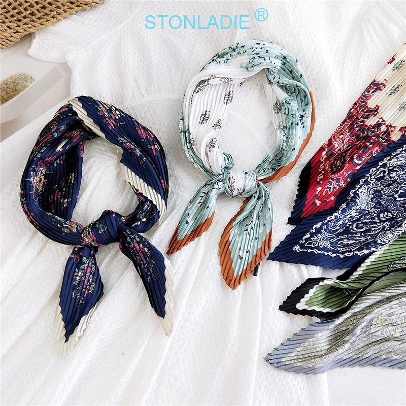 Spring New Designer Pleated Satin Silk Scarf For Women Euro Elegant Neckerchief Fashionable Printing Kerchief Tie Ladies |