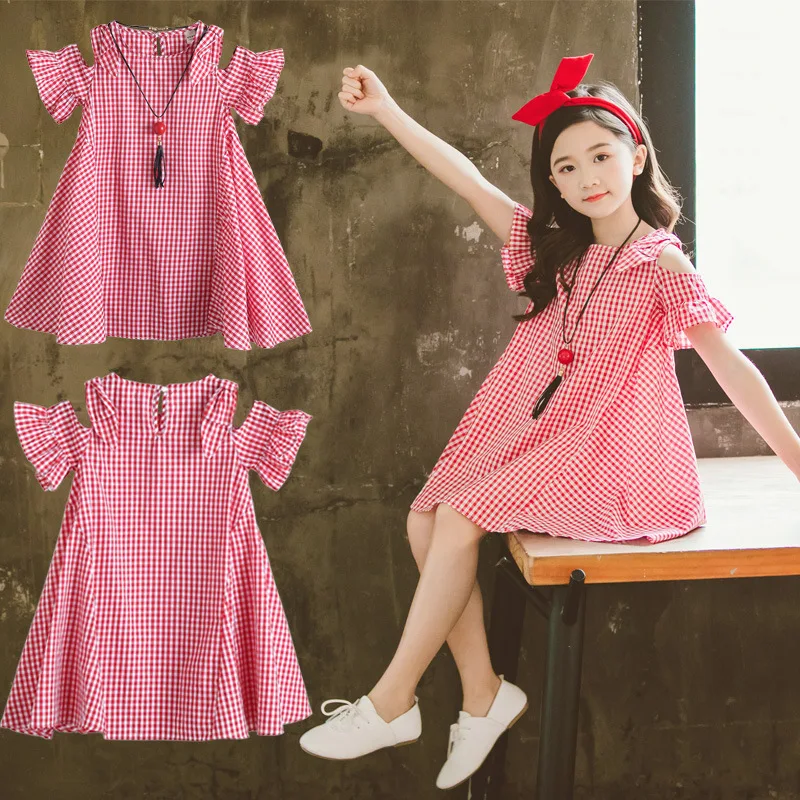 

2020 Girls Summer Dress Off Shouder Plaid Dress For Girls Casual Party Dress Girls Teenage Kids Girls Clothes 4 6 8 10 12 Years