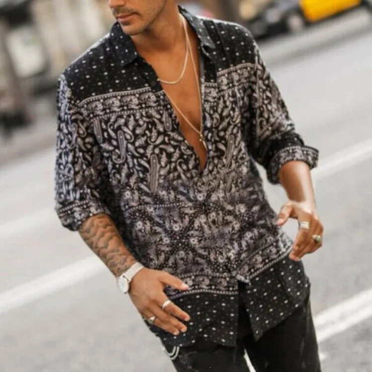 

New Printed Shirt Men Lapel Collar Long Sleeve Tops Streetwear Button Brand Hawaiian Shirts Men Casual Blouse Camisa 2021