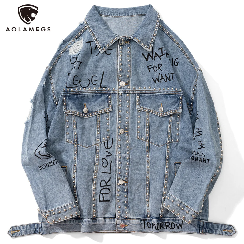 

Aolamegs Denim Jacket Men Hip Hop Graffiti Letter Broken Hole Cowboy Coats Oversize Cozy Harajuku Rock Hipster Couple Streetwear