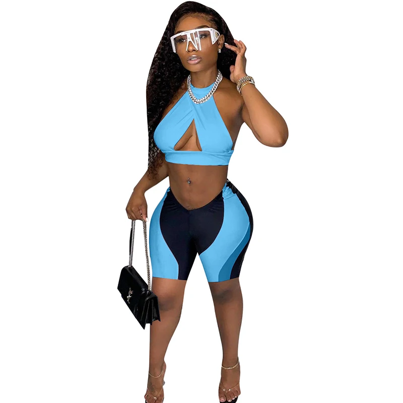 

Patchwork Two Piece Set Backless Crop Top Biker Shorts for Women Summer Beachwear Outfits Sexy Clubwear Matching Sets
