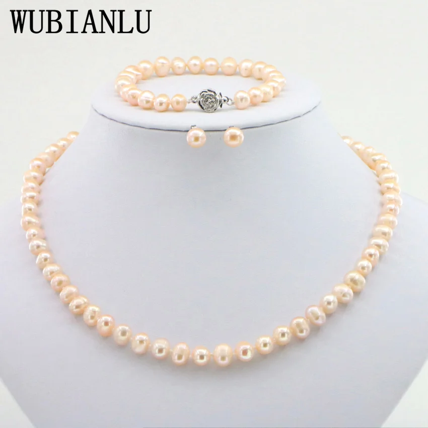 WUBIANLU, 4 цвета, 7-8 мм, розовое жемчужное ожерелье, браслет, серьги, наборы, Женские Ювелирные изделия, дизайн, модный стиль, подарок для девушек