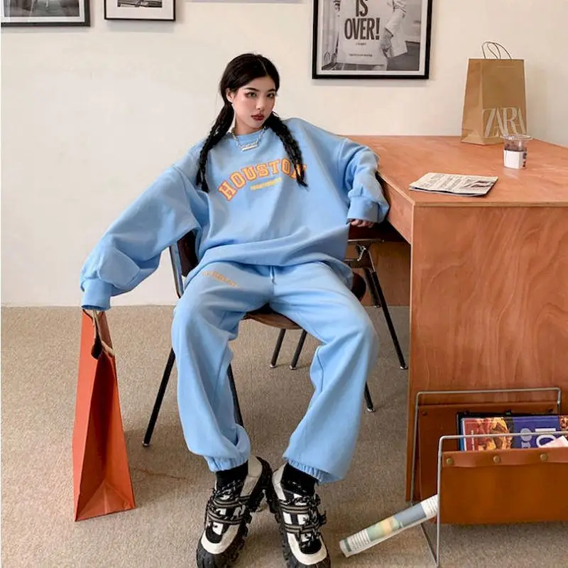 

Весенне-осенний женский спортивный костюм, повседневная одежда из двух предметов большого размера, свободный Женский бархатный утепленный...