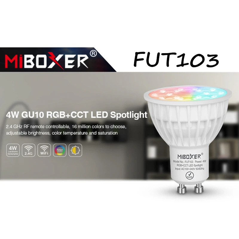 Miboxer FUT103 4W GU10 RGB+CCT LED Spotlight 2.4G Led Bulb light Wireless Remote LED lamp AC100-240V Bedroom Restaurant