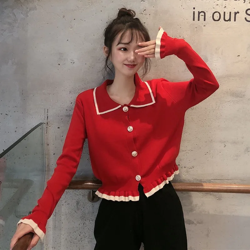 

Women Sweater Elegant Turn Down Collar Button Pullover Female Korean Kawaii Ladies Knitted Jumpers Autumn Winter Clothing