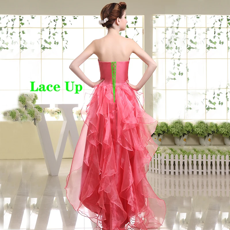 Коралловые платья для выпускного вечера короткие с кристаллами спереди длинные