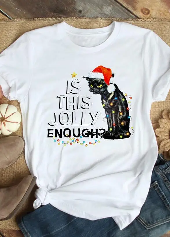 Черная кошка это достаточно веселая Рождественская подсветка цветная футболки с