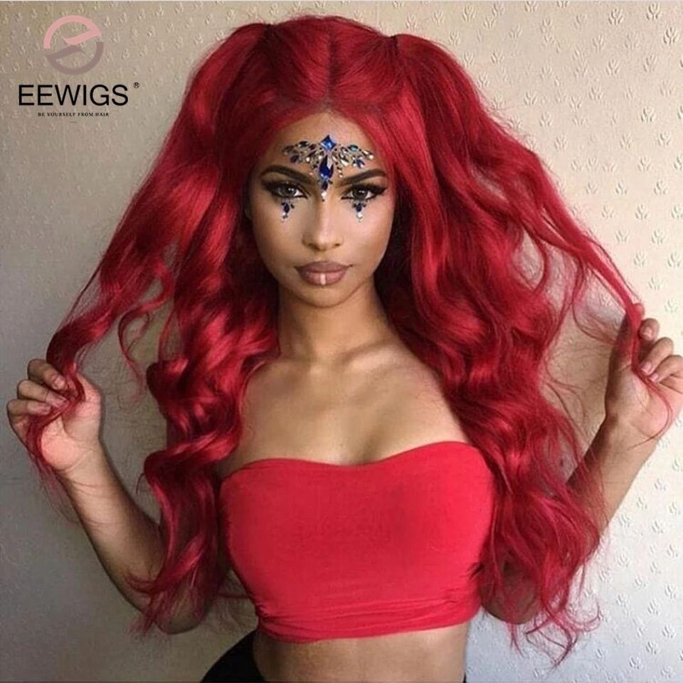 EEWIGS красный парик для косплея свободная часть длинный синтетический парик на кружеве Glueless длинные волнистые термостойкие парики для черных женщин