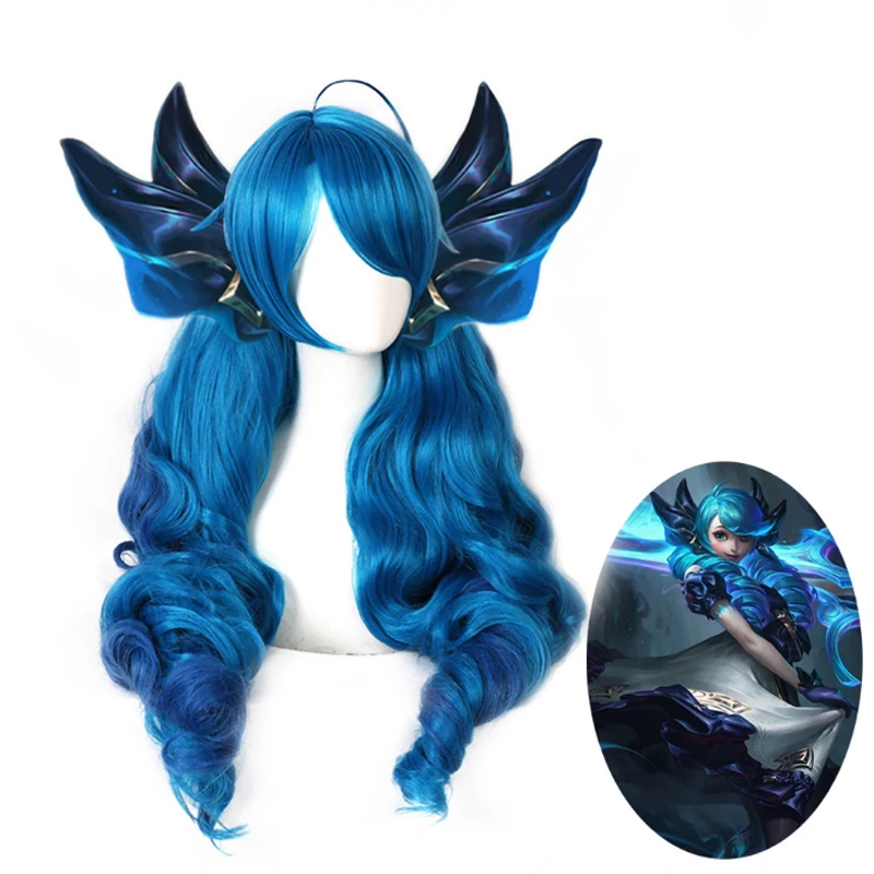 

LoL Gwen Cosplay Wig LOL Cos Gradient Blue Wavy Wig Halloween Party Synthetic Hair Heat Resistant Play Role Wigs Ponytails CS647