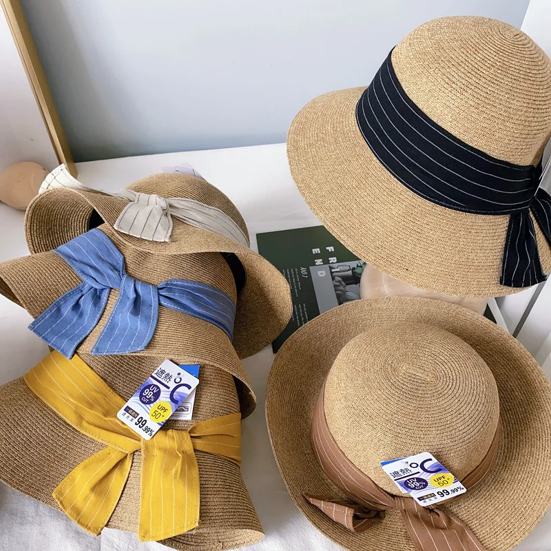 

202102-dupian-CM2101 spring UV cut summer ribbon bowknot fine grass wind brim holiday lady sun cap women leisure hat