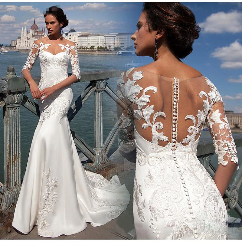 

Vestido De Noiva Свадебные платья русалки 2020 Аппликация Кружева атласные свадебные платья Прозрачная Иллюзия ручной работы платье невесты