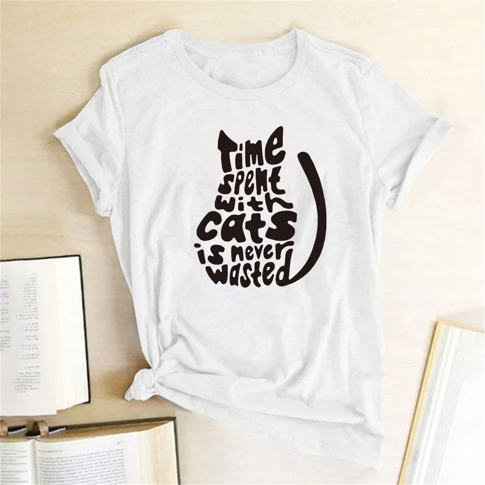 

Summer Funny Time Spemt with Cats Is Never Wasted Print T Shirt Women Short Sleeve T Shirt Aesthetics Tops Abbigliamento Donna