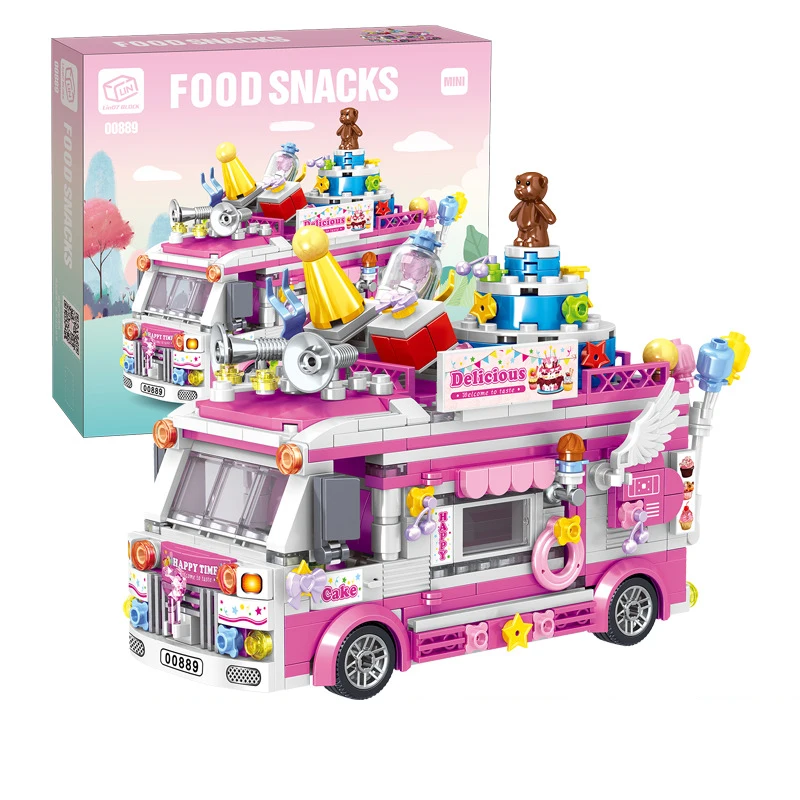 

Street View Hamburg Car Ice Cream Shop Stall Car Mini Creative Model Assembling Building Block Bricks Toys Kids Gift
