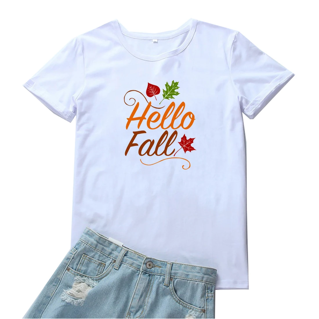 

Hello Fall Women T-shirt Maple Leaf Pattern Tshirt Women Fashion Lovely Print Women T Shirt Funny Short Sleeves Tee Shirt Femme