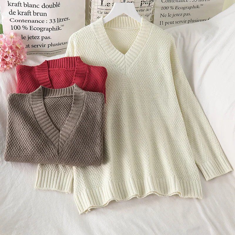 

Осенне-зимний простой однотонный пуловер в стиле ретро, свитер в стиле мори, женская Свободная верхняя одежда, приталенный V-образный вырез, ...