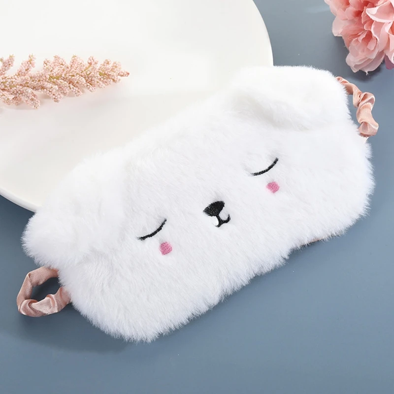 

Women Fluffy Plush Sleeping Eye Mask Cute Cartoon Animal Embroidered Satin Lined Eyeshade Cover Travel Nap Blindfold