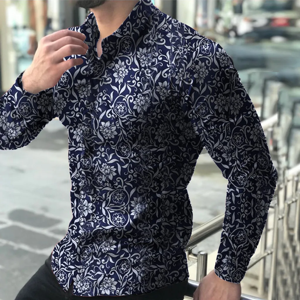 

Fashion Men's Casual T-shirt Printed Floral Long Sleeve Button T-shirt High Quality Elegance Party Daily Top Blouse Camisas 2021