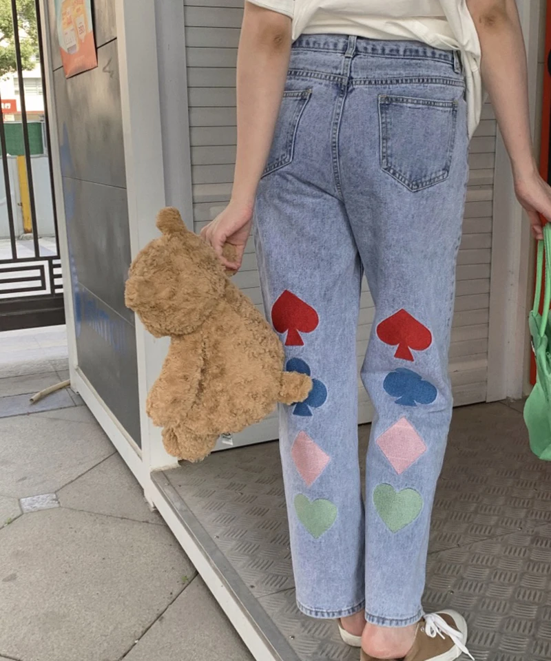 

2021 Summer New Retro Women Jeans Y2k Love Embroidery Denim Straight Leg Pants Female High Waist Hip Hop Wide Leg Trousers Tide