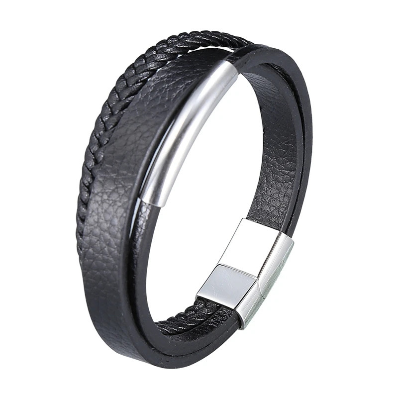 New Design Mutilayer Handmade Black Braided Leather Bracelets Bangles for Men Stainless Steel Fashion Wristband Best Gift SP1010 | Украшения