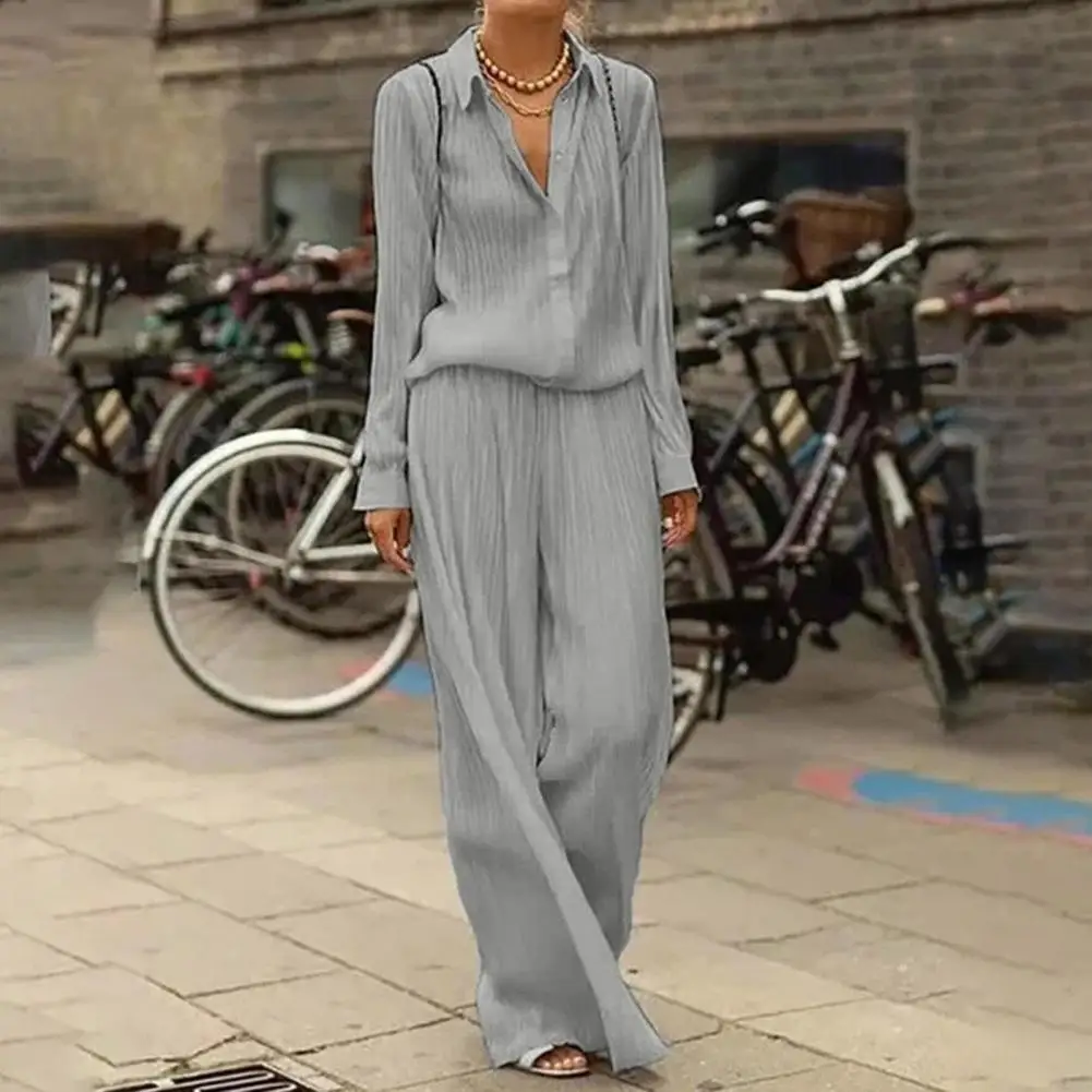 

Summer Long Sleeve Button Shirt + Long Pants Outfit Solid Autumn Women Loose Two Piece Set Elegant Office Lady Shirt Suit