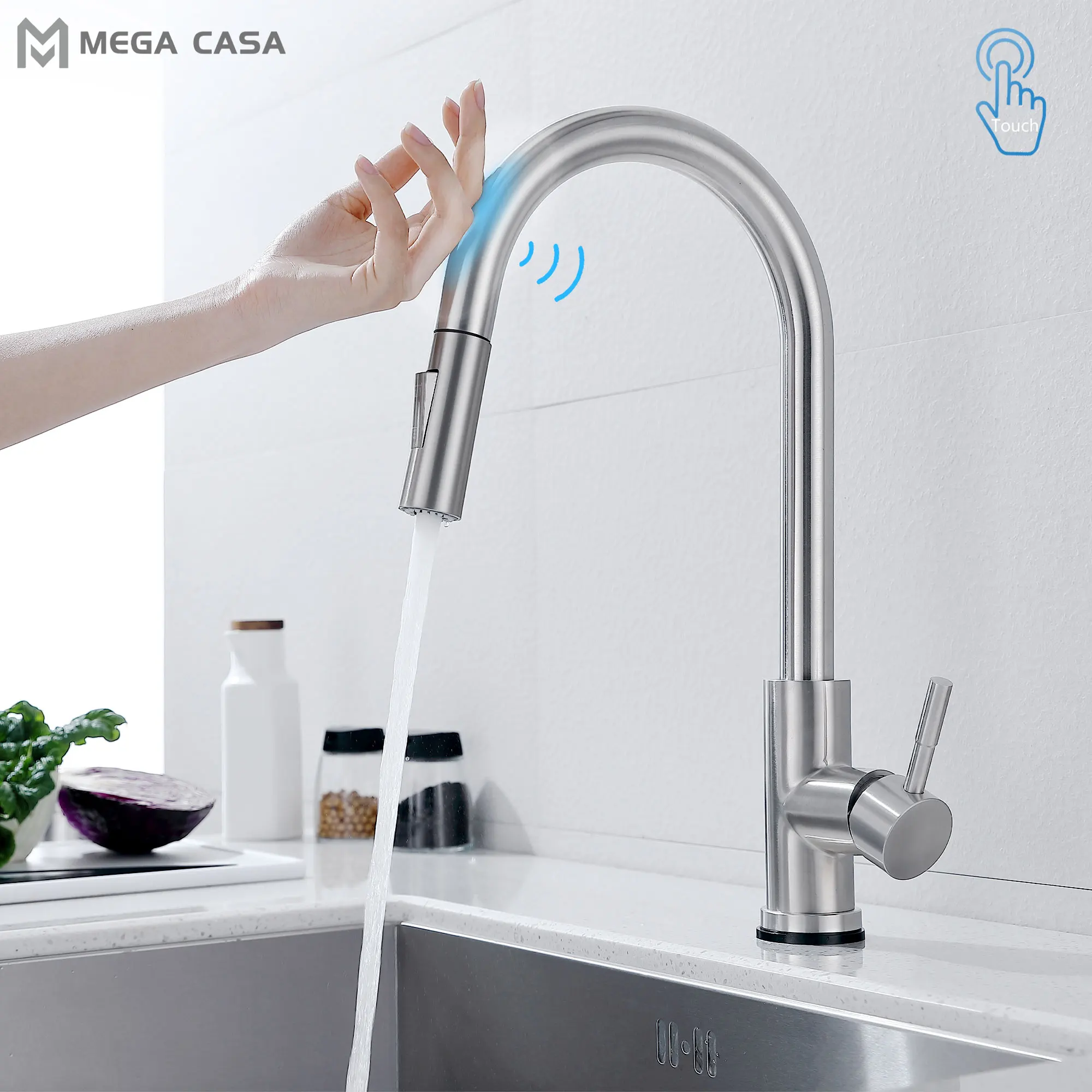 

Pull Out Kitchen Faucets Stainless Steel Smart Touch For Sensor Kitchen Water Tap Sink Mixer 360 Rotate Touch Control Sink Tap