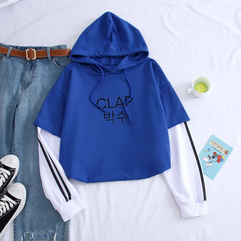 

Korean Patchwork Hoodies In Men Women CLAP Pullovers Male Autumn Winter High Streetwear Outwear Hooded Sweatshirts Clothes