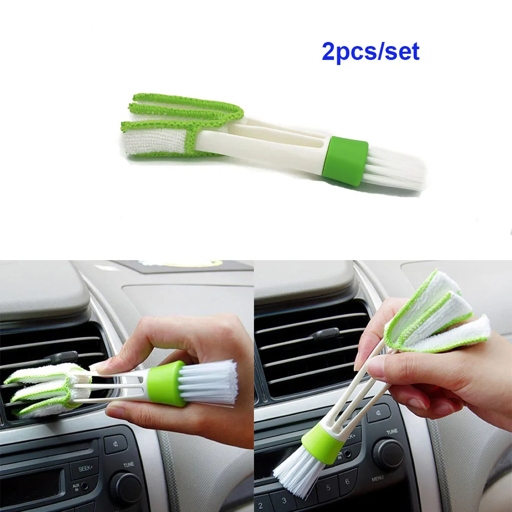 

2PCS 2 In 1 Green Car Air-Conditioner Outlet Dirt Duster Cleaner Brush Versatile Vent Blinds Cleaning Brush Car Accessories