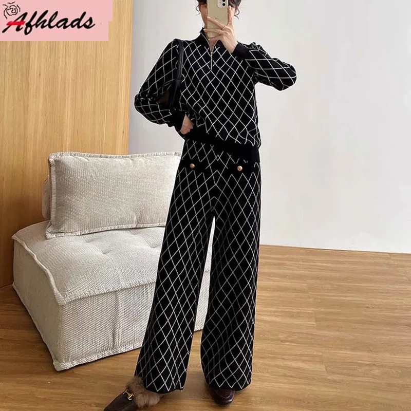 

Loose Outfits Argyle Zipper Stand Collar Tops + Wide Leg Pants Autumn And Winter New Office Lady Two-Piece Sets For Women