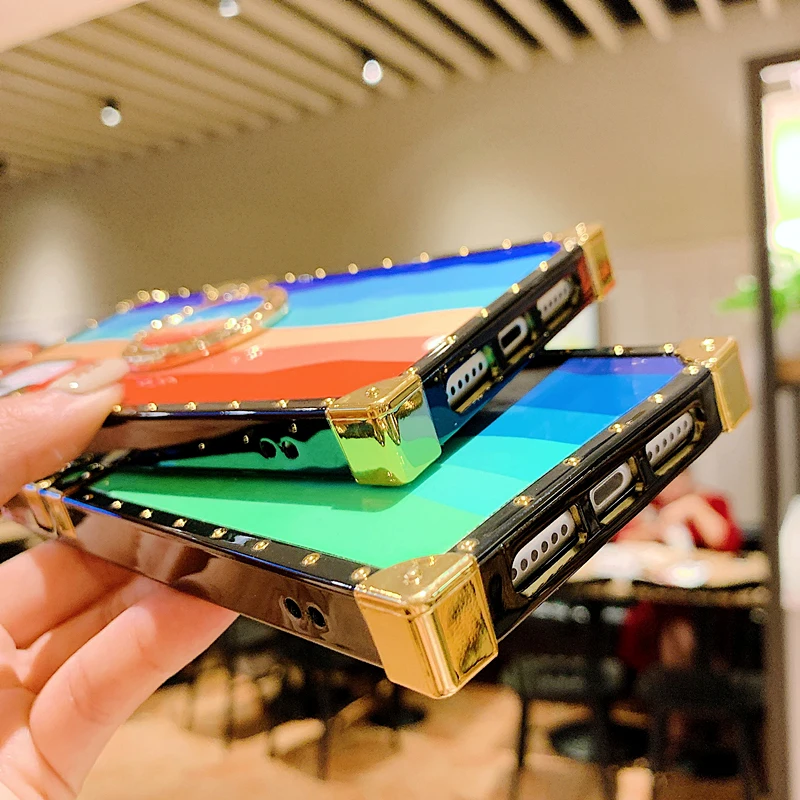 

Fashion Square Rainbow Glossy Holder Phone Case For Samsung S8 S9 S20Ultra S10Plus Note 9 10 Smiley With Ring Bracket Soft Cover