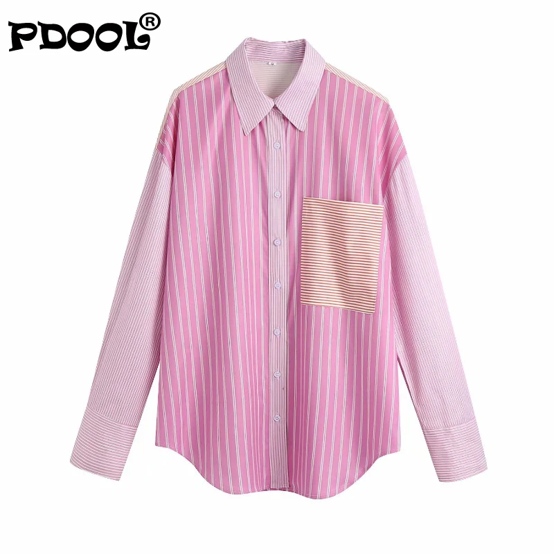 

Women 2021 Fashion with Pockets Striped Loose Blouses Vintage Long Sleeve Button-up Female Shirts Chic Tops