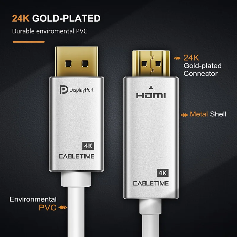 Cabletime DisplayPort-HDMI-совместимый кабель 4K30HZ DP-HDMI-совместимый M/M DisplayPort 1 2 для HDTV