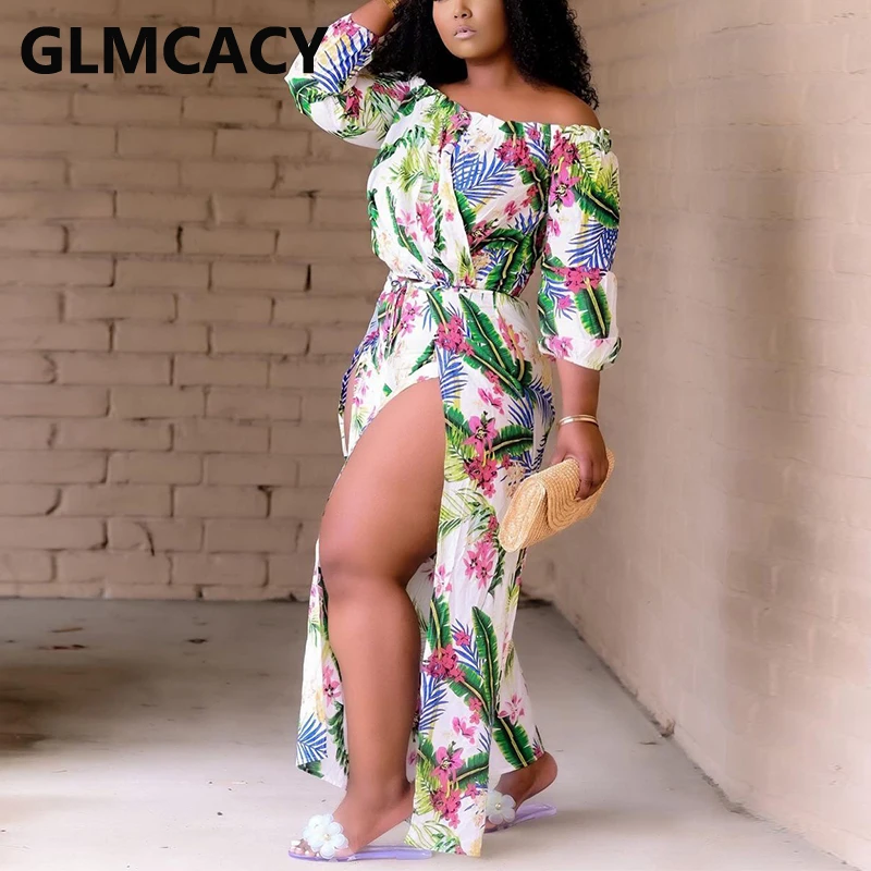 

Long Sleeve Off Shoulder Floral Printed Slit Jumpsuit Summer Beach Overalls