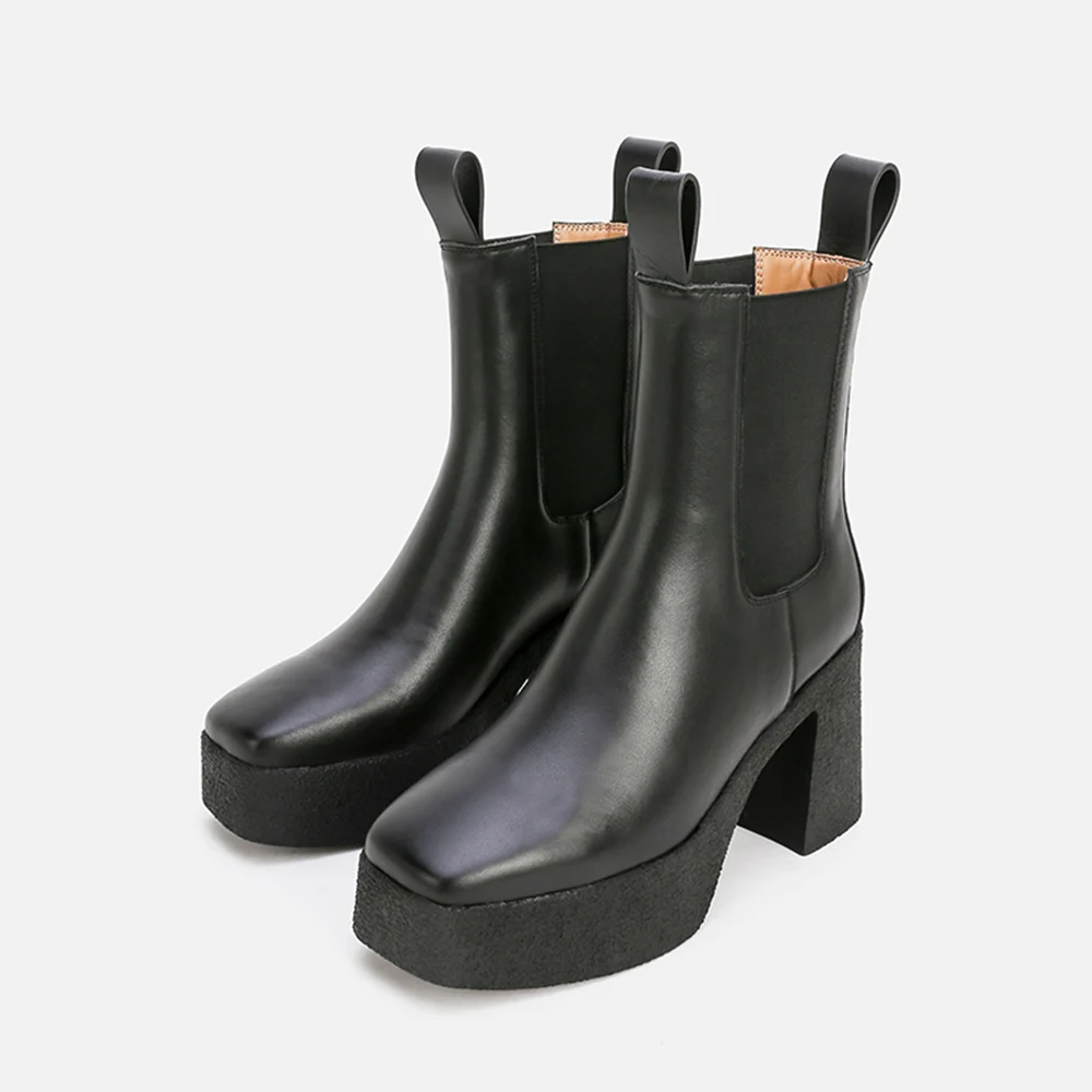 MUMANI Chelsea Boots New 2022 Woman‘s High Heels British Genuine Leather Lady Shoes Square Toe Platform Slip-On ANKLE Boots