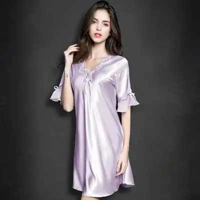 purple Одежда для сна с v-образным вырезом, ночная рубашка, шелковое платье с коротким рукавом, кружевная юбка, ночная сексуальная одежда для сна, женское шелковое белье, платье для сна - Цвет: purple