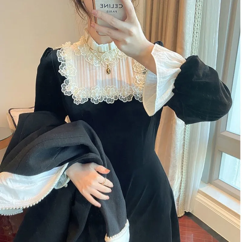 

Cute French Retro Black Midi Dress Women Elegant One Piece Dress Korean 2021 Autumn SLim Lace Evening Party Velvet Dress Female